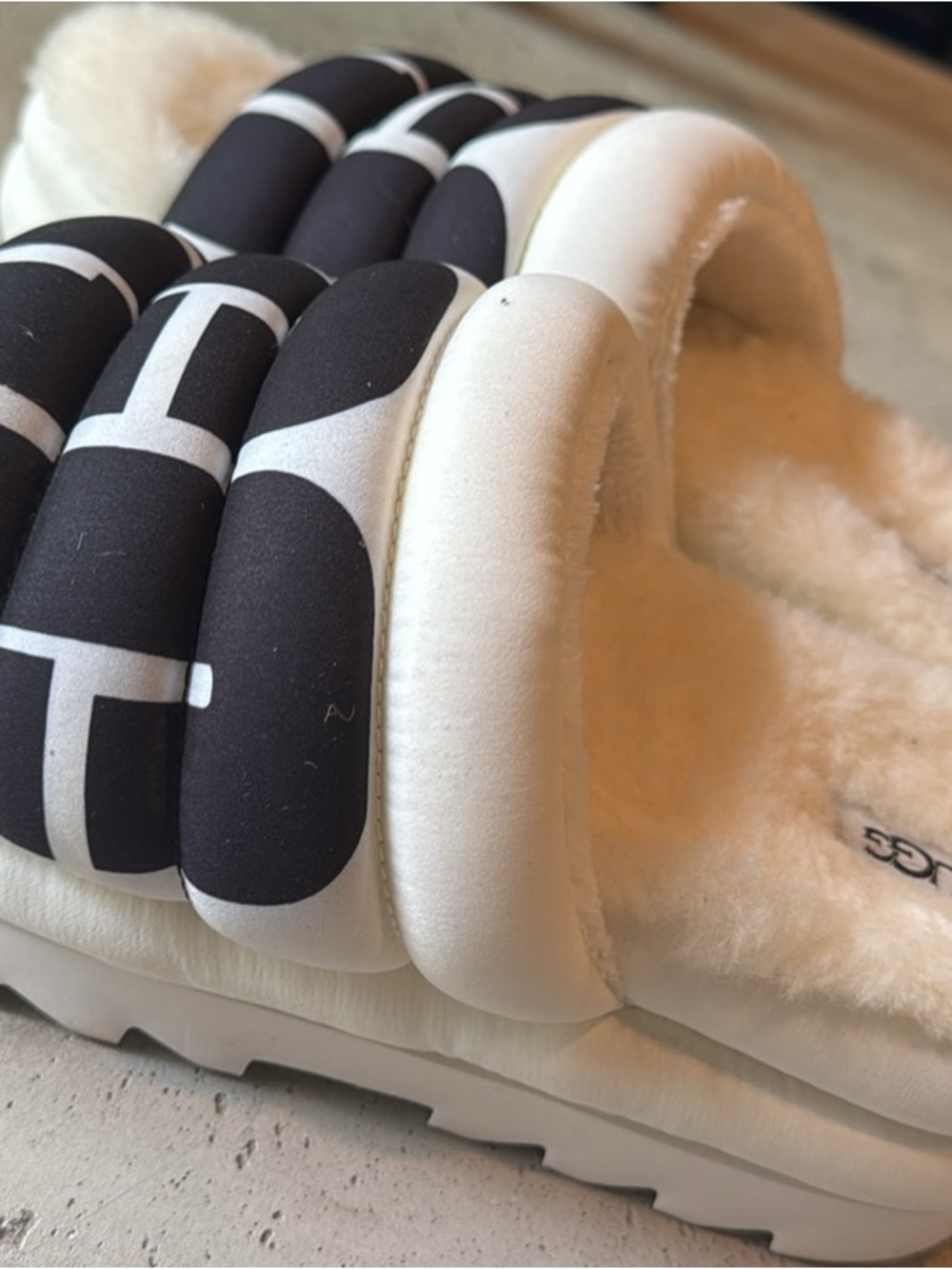 UGG Black and White Quilted Shearling Slide Slippers